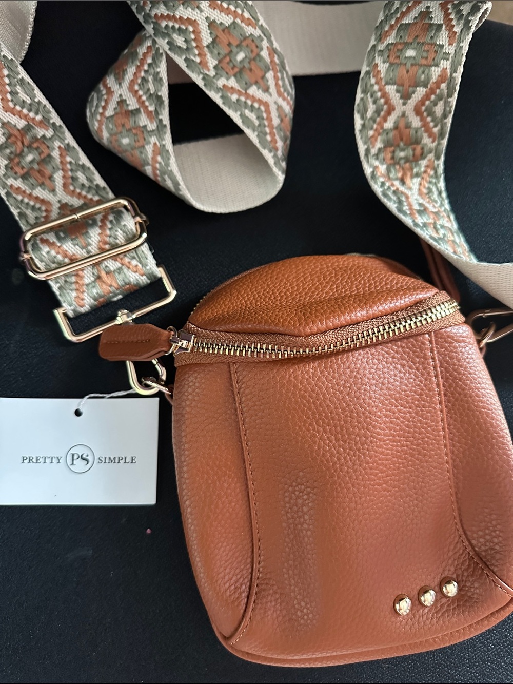 Pretty Simple Small Tan Pebble Leather Crossbody Bag with Patterned Strap